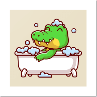 Cute Crocodile Bathing In Bathtub Cartoon Posters and Art